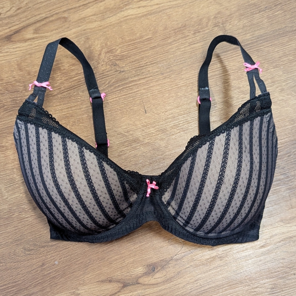 Betsey Johnson Padded Bra Sheer Black w/ Pink Bows 32DD